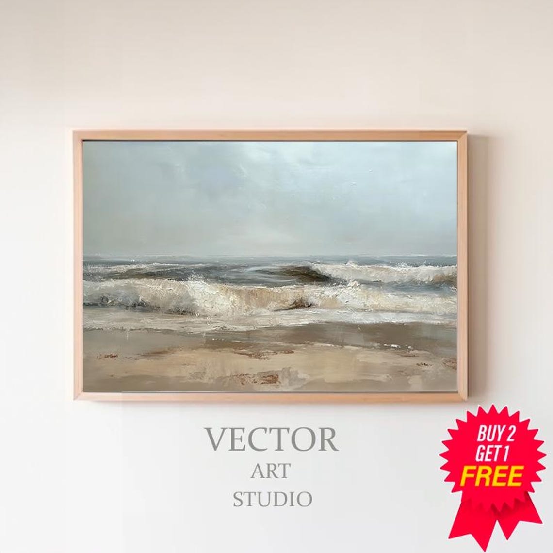 Calm Neutral Beach Seascape with Gentle Waves Coastal Wall Art