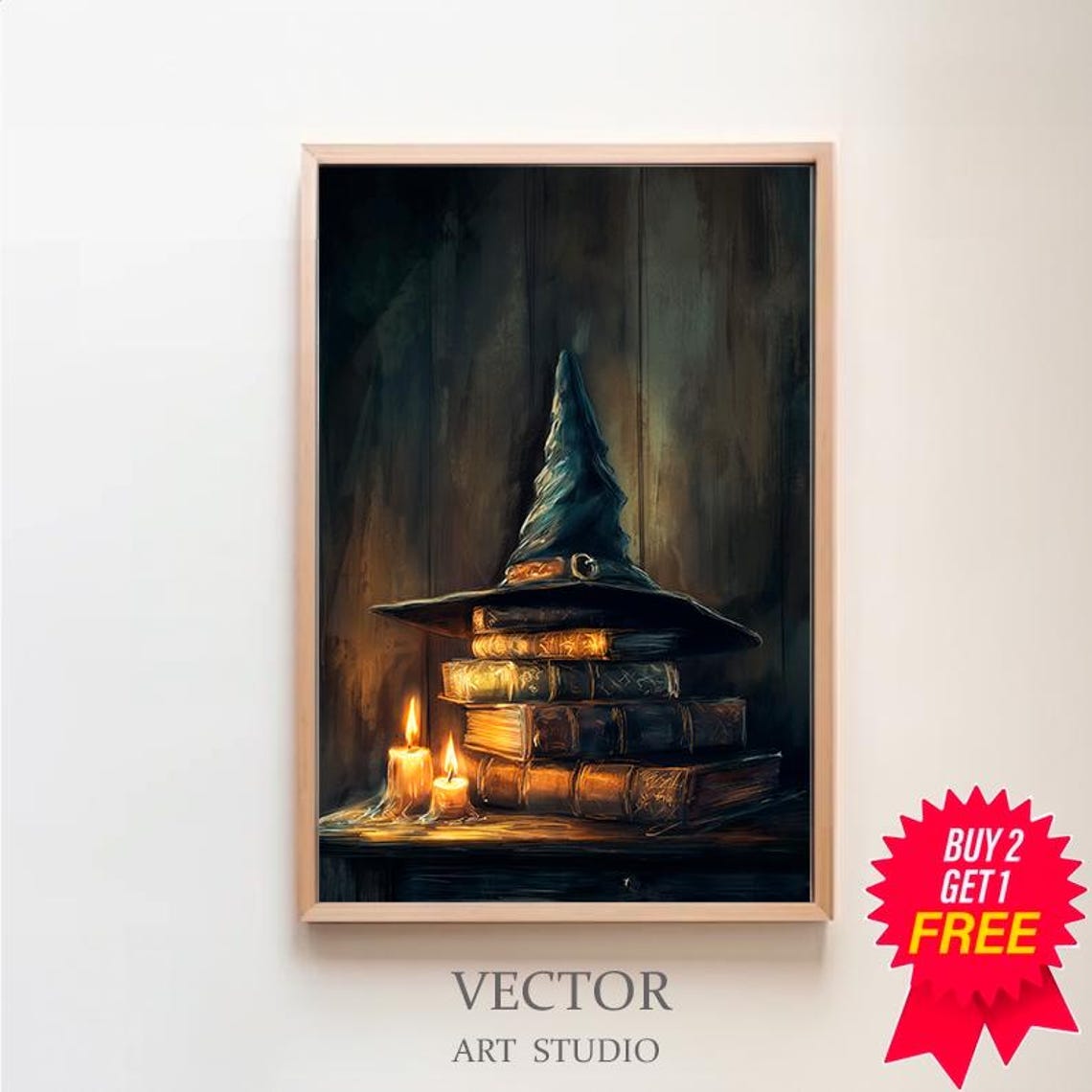 Witch Hat on Stack of Spell Books with Candles Halloween Poster