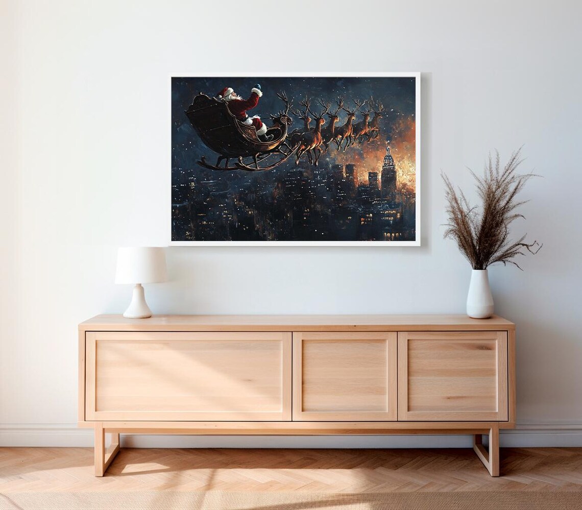 Santa Sleigh Flying Over Night City Vintage Christmas Art Poster - Image 2