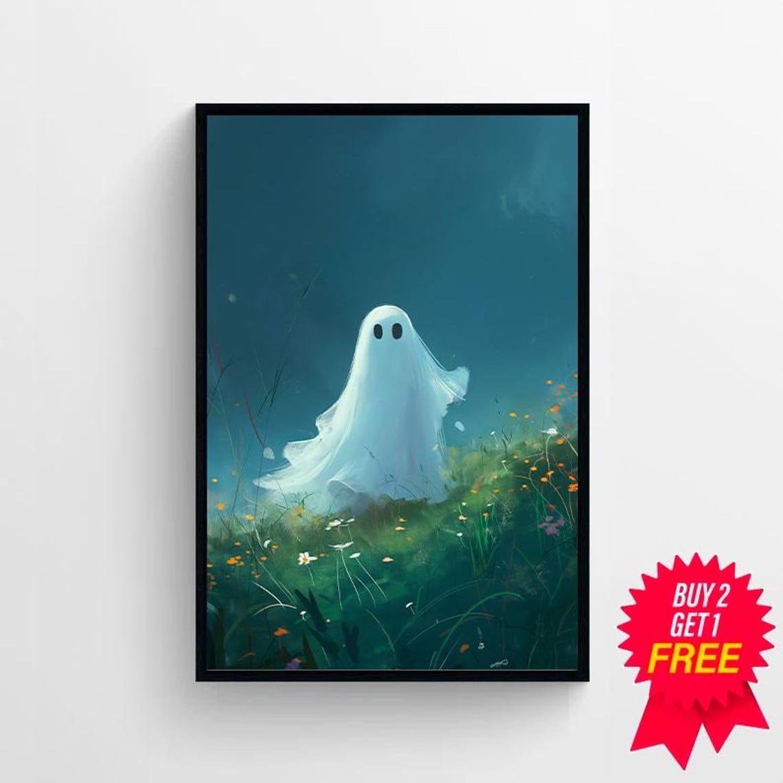Cute Ghost Floating Above A Blooming Wildflower Meadow Night Poster - Image 4
