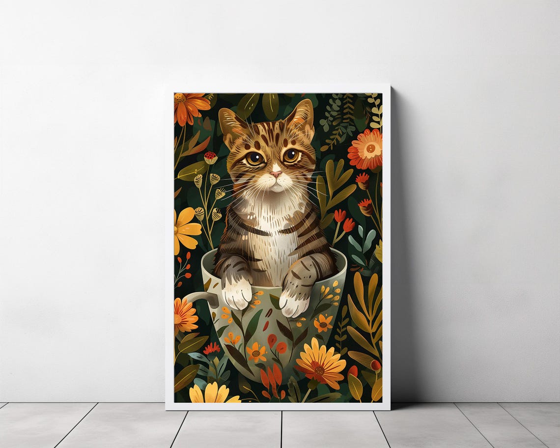 Cute Tabby Kitten Sitting Inside a Floral Teacup Jungle Poster - Image 3
