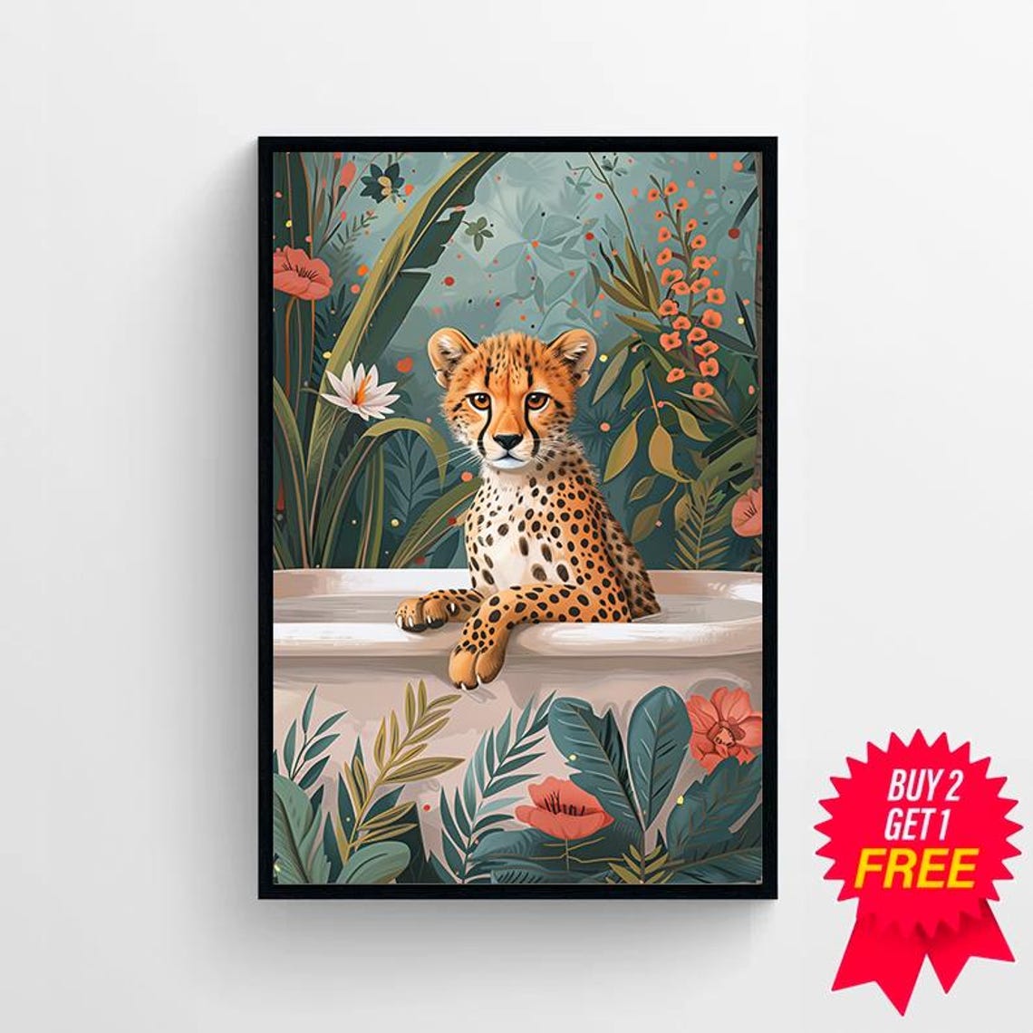 Cheetah Cub Relaxing in Bathtub Teal and Coral Floral Poster - Image 4