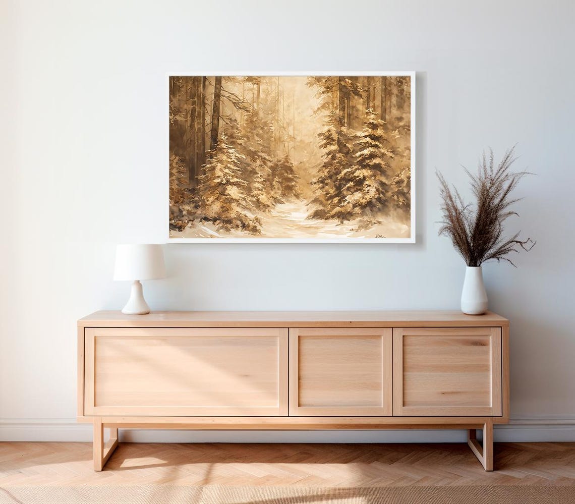 Vintage Winter Sketch Flocked Snowy Trees Vintage Art - Image 2