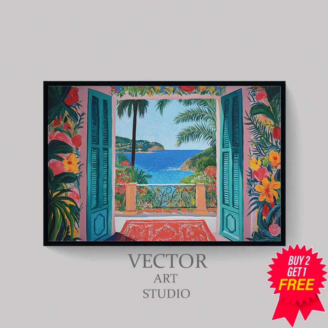 Tropical Sea View Through Teal Shutters Mediterranean Art Print - Image 4