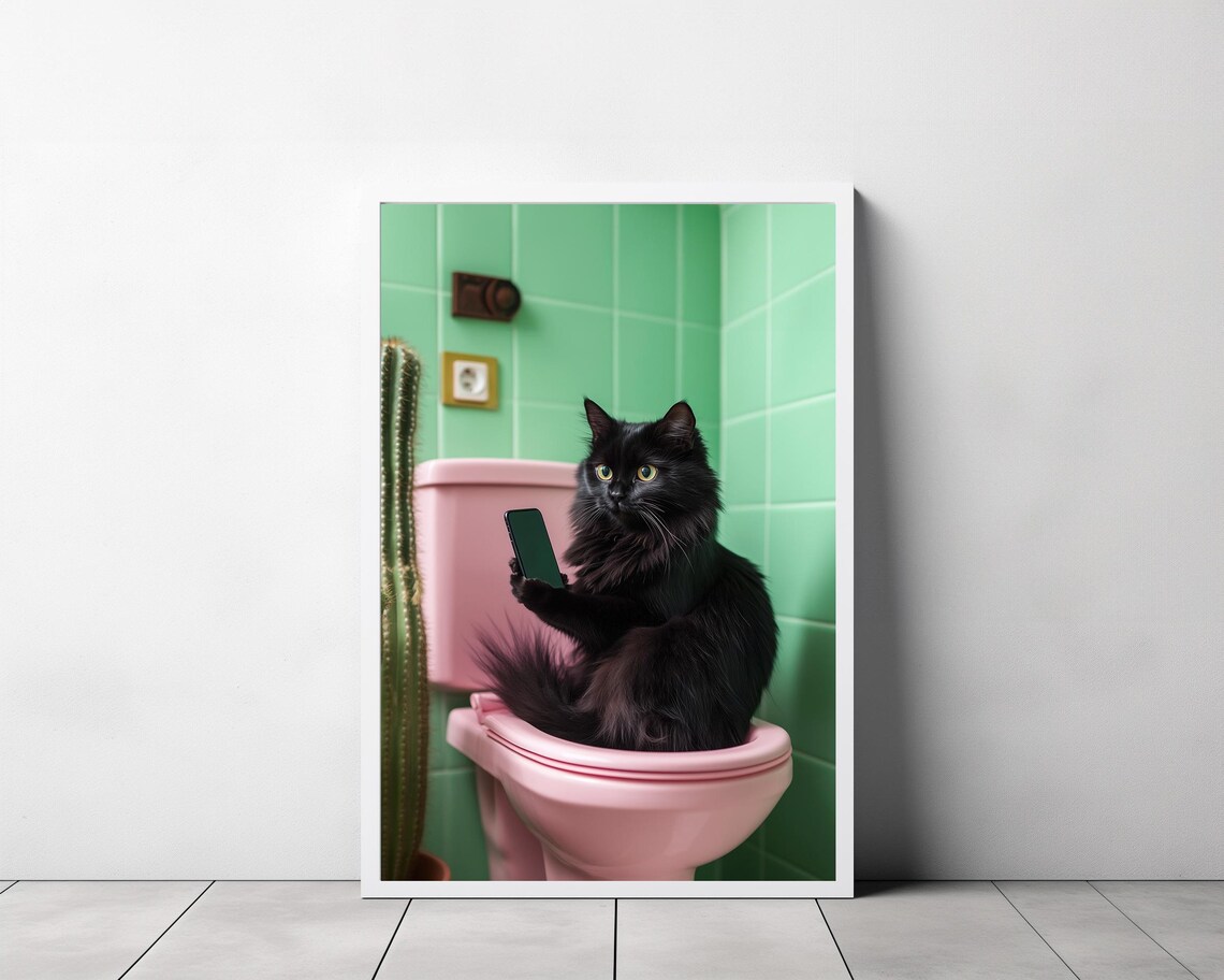 Black Cat Taking Selfie On Pink Toilet Funny Bathroom Poster - Image 3