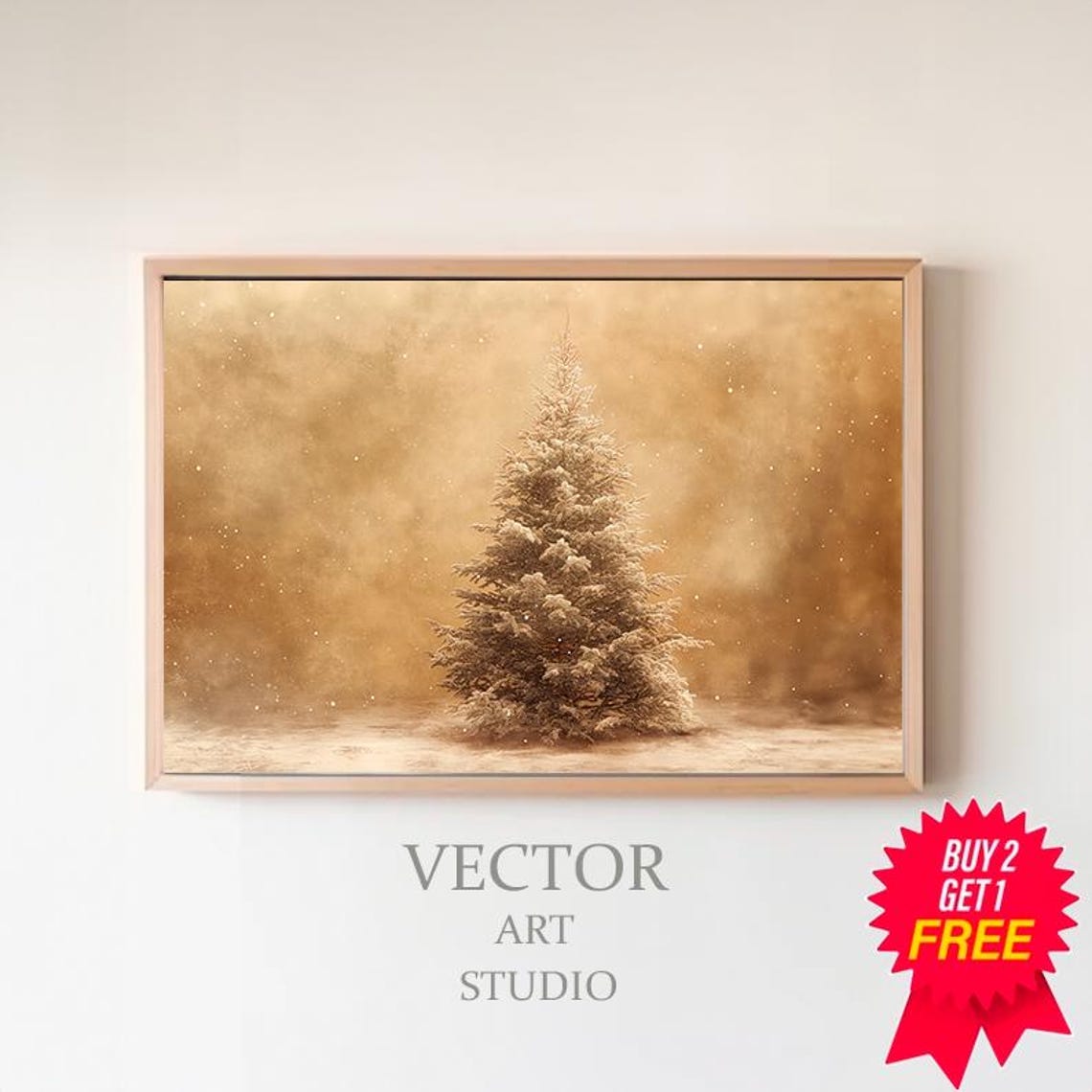 Snowy Pine Tree Under Copper Golden Sky Winter Landscape Poster