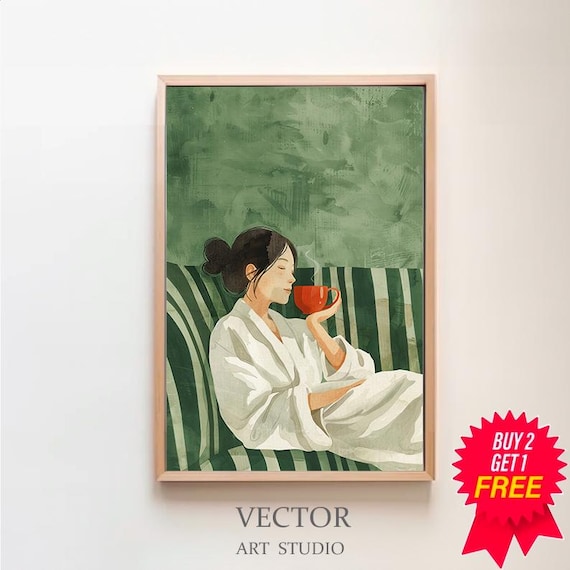 Emerald Green Abstract People Large Wall Art Contemporary Artwork Minimalist Print Coffee Lover Wall Art Stripe Woman Print