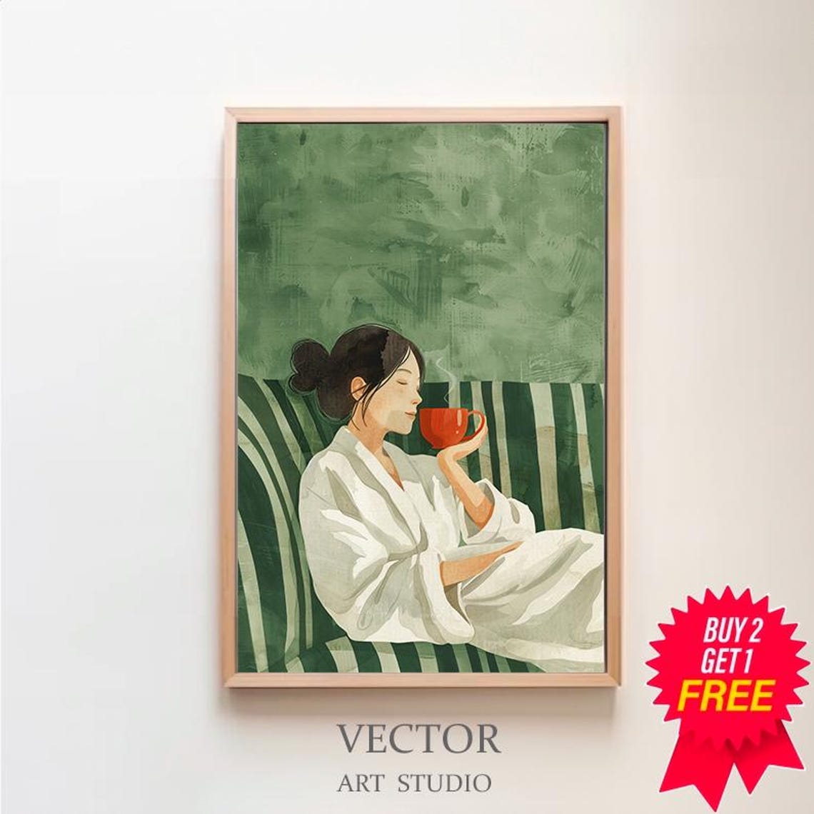 Woman in a White Robe Drinking Coffee on a Green Couch Poster