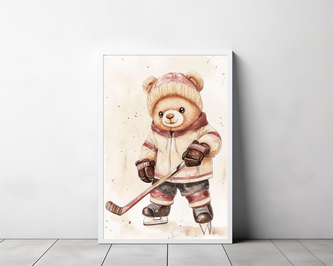 Cute Teddy Bear Hockey Player Watercolor Nursery Sports Poster - Image 3
