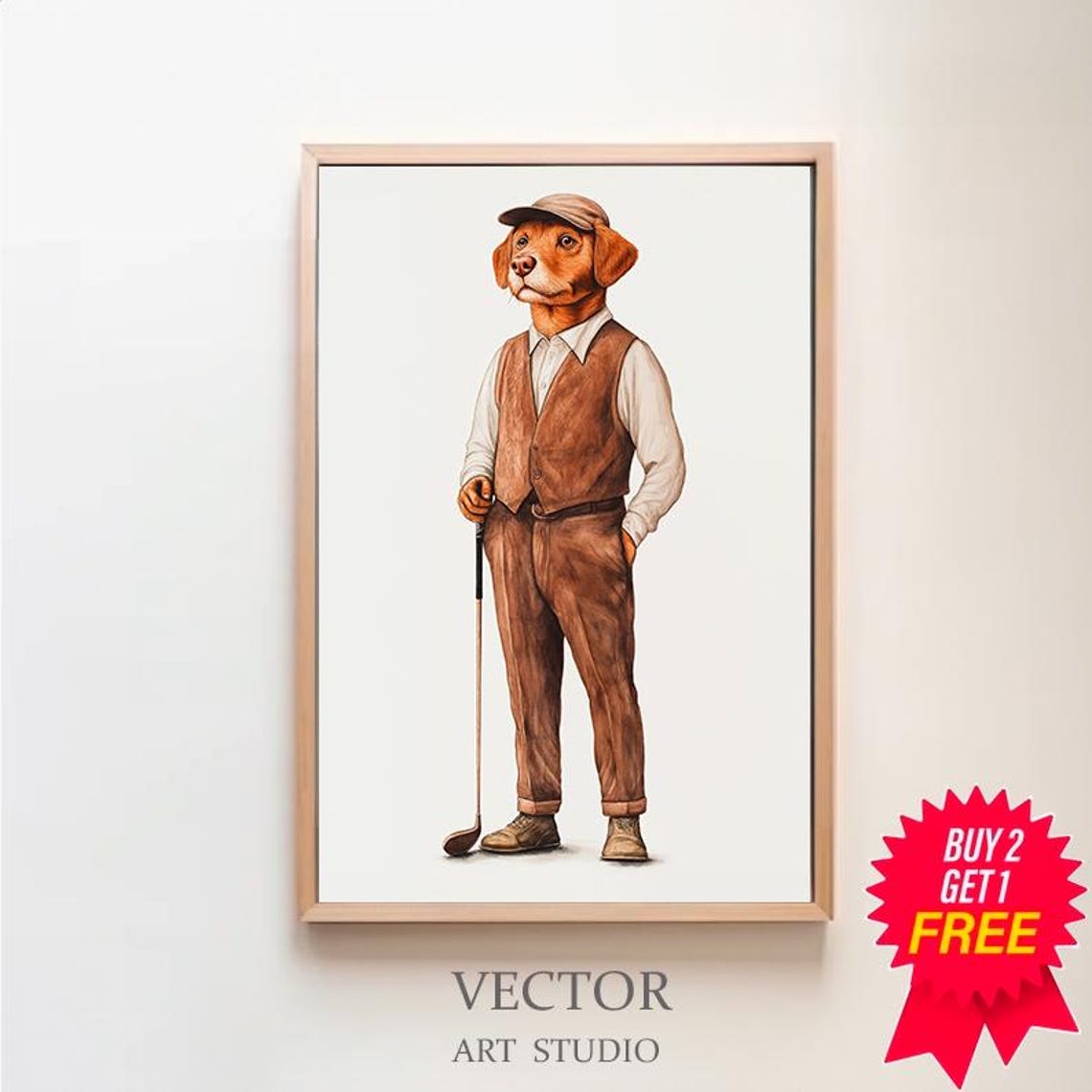 Distinguished Dog Golfer in Vintage Outfit Club Funny Animal Poster