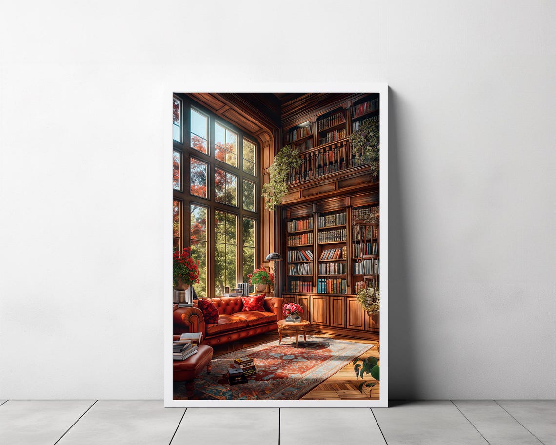 Cozy Wood-Paneled Autumn Library Corner with Leather Sofa Poster - Image 3
