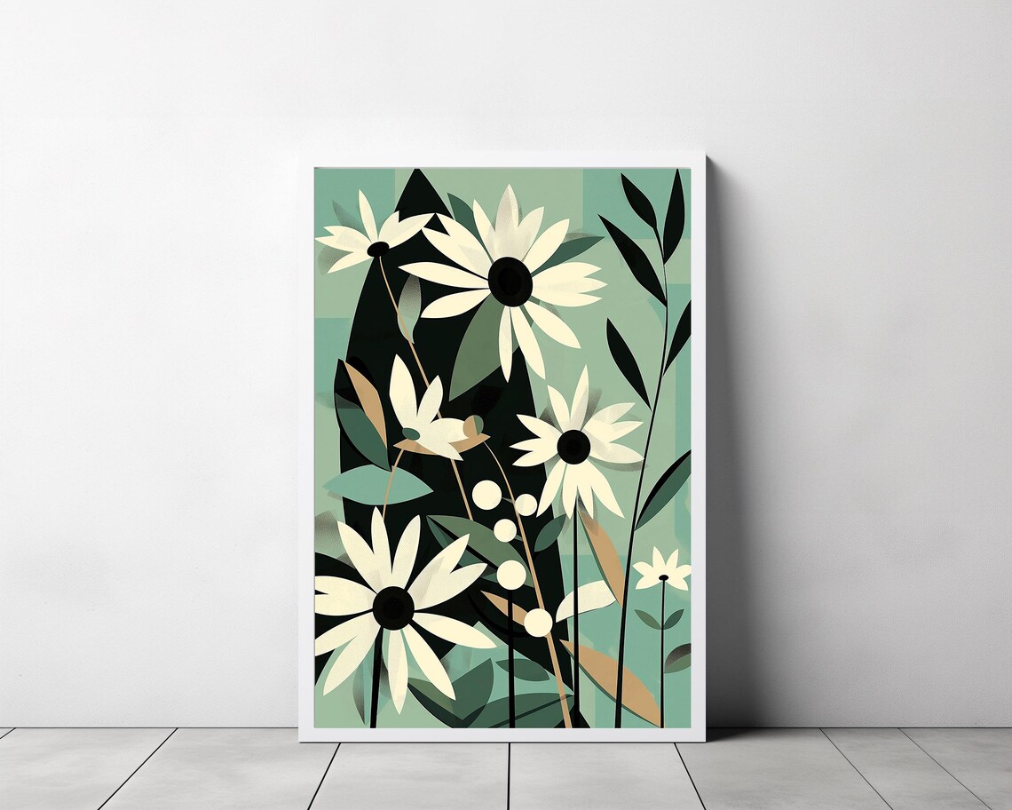 White Daisies on Sage Green with Black Leaves Modern Floral Art Print - Image 3