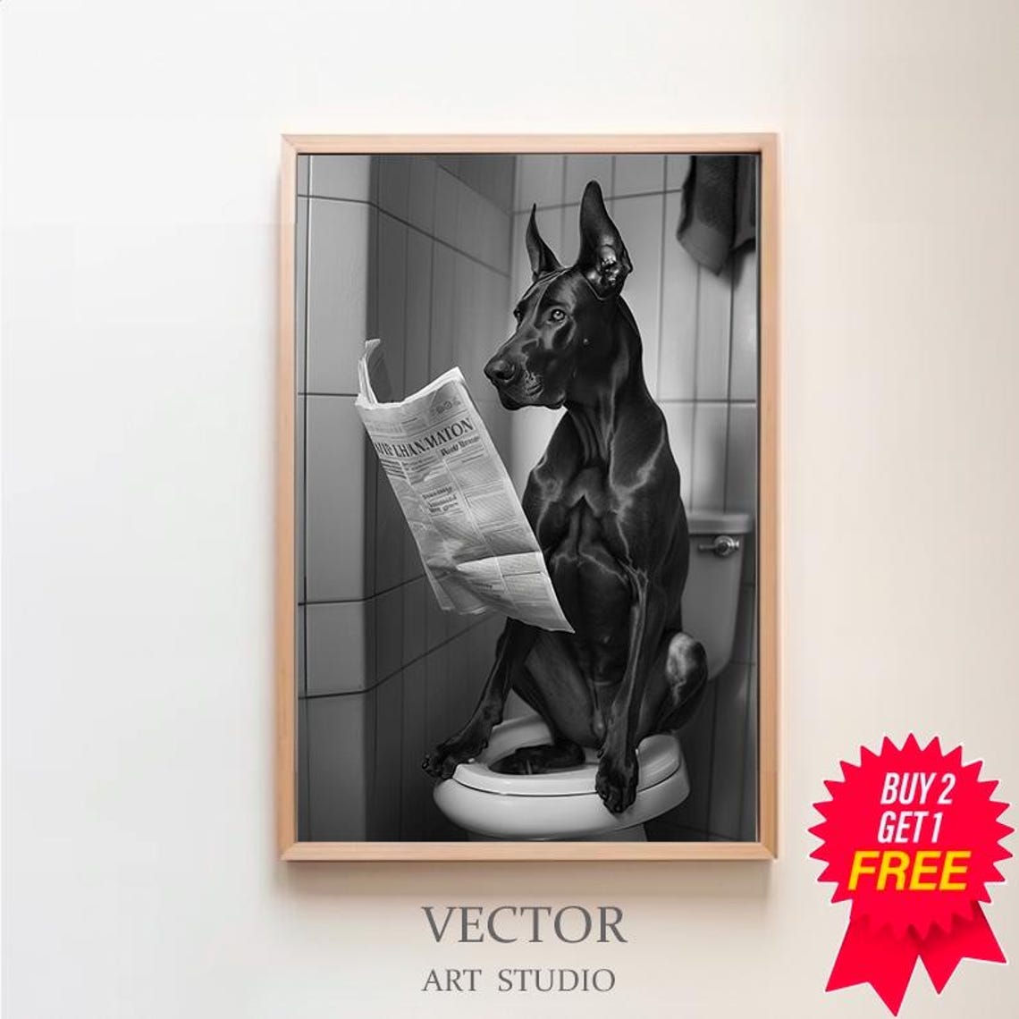 Great Dane Reading Newspaper with Head Bowed Bathroom Poster