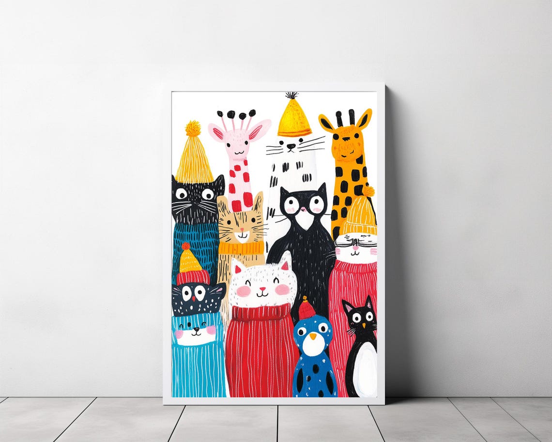 Colorful Cats Giraffes Cute Animals In Sweaters Kids Wall Poster - Image 3