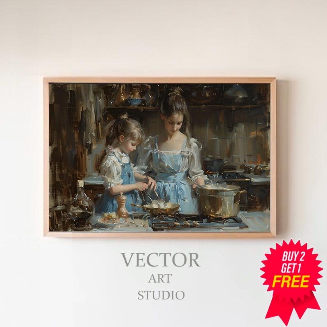 Mother And Daughter Cooking Vintage Rustic Kitchen Oil Painting Poster