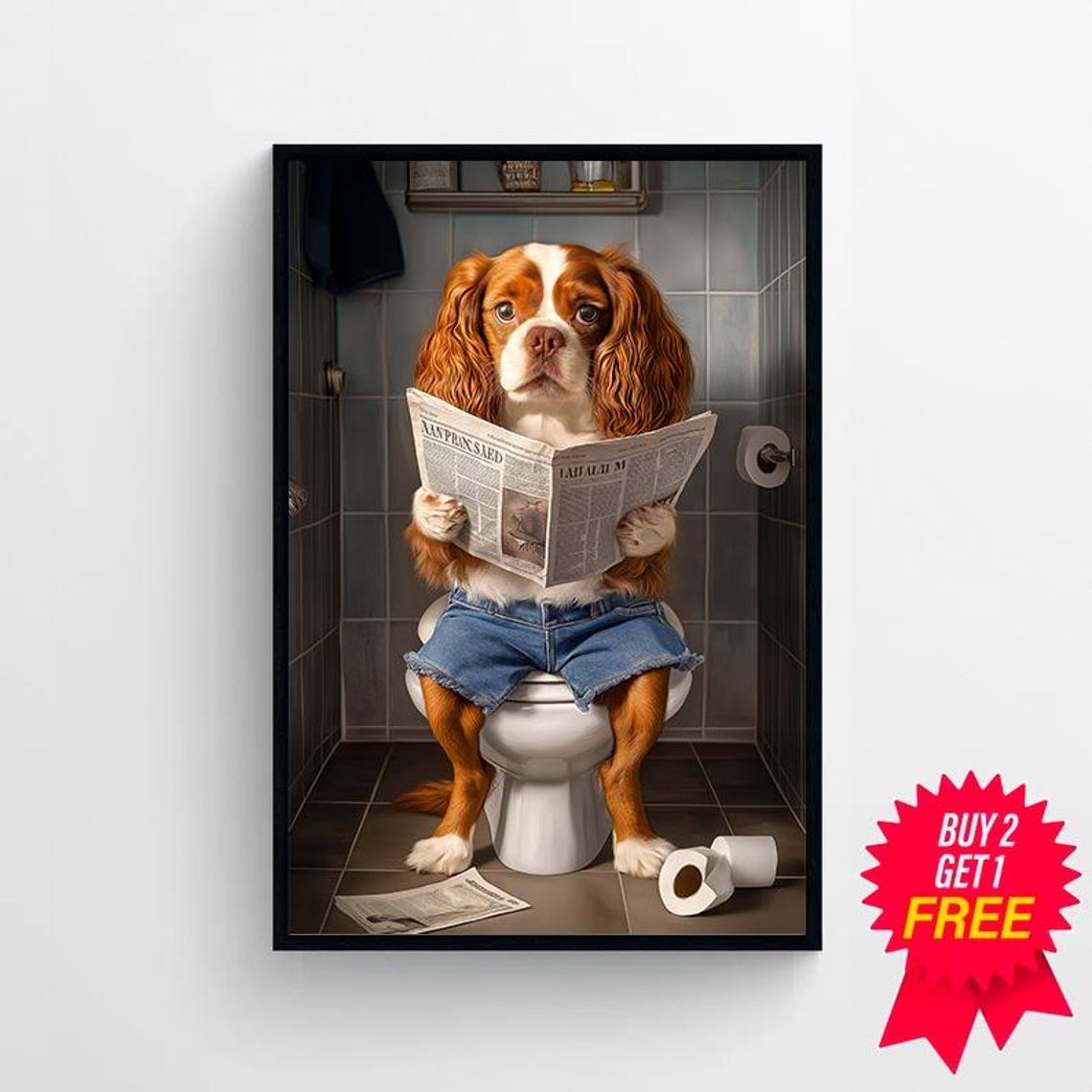 Cavalier King Charles Spaniel On Toilet Reading Newspaper Poster - Image 4