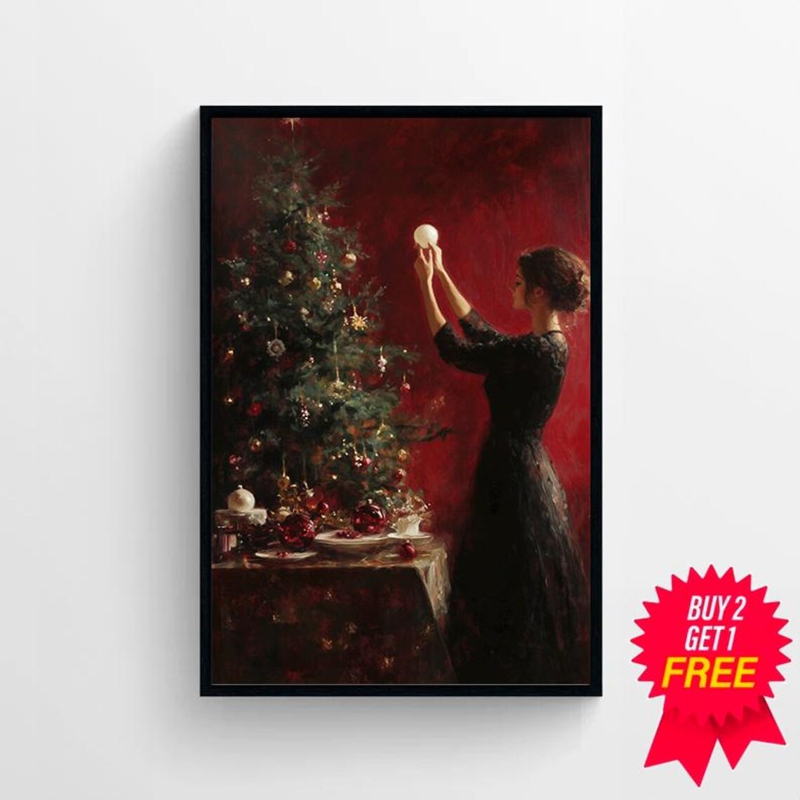 Victorian Woman Decorating Christmas Tree On Crimson Wall Poster - Image 4