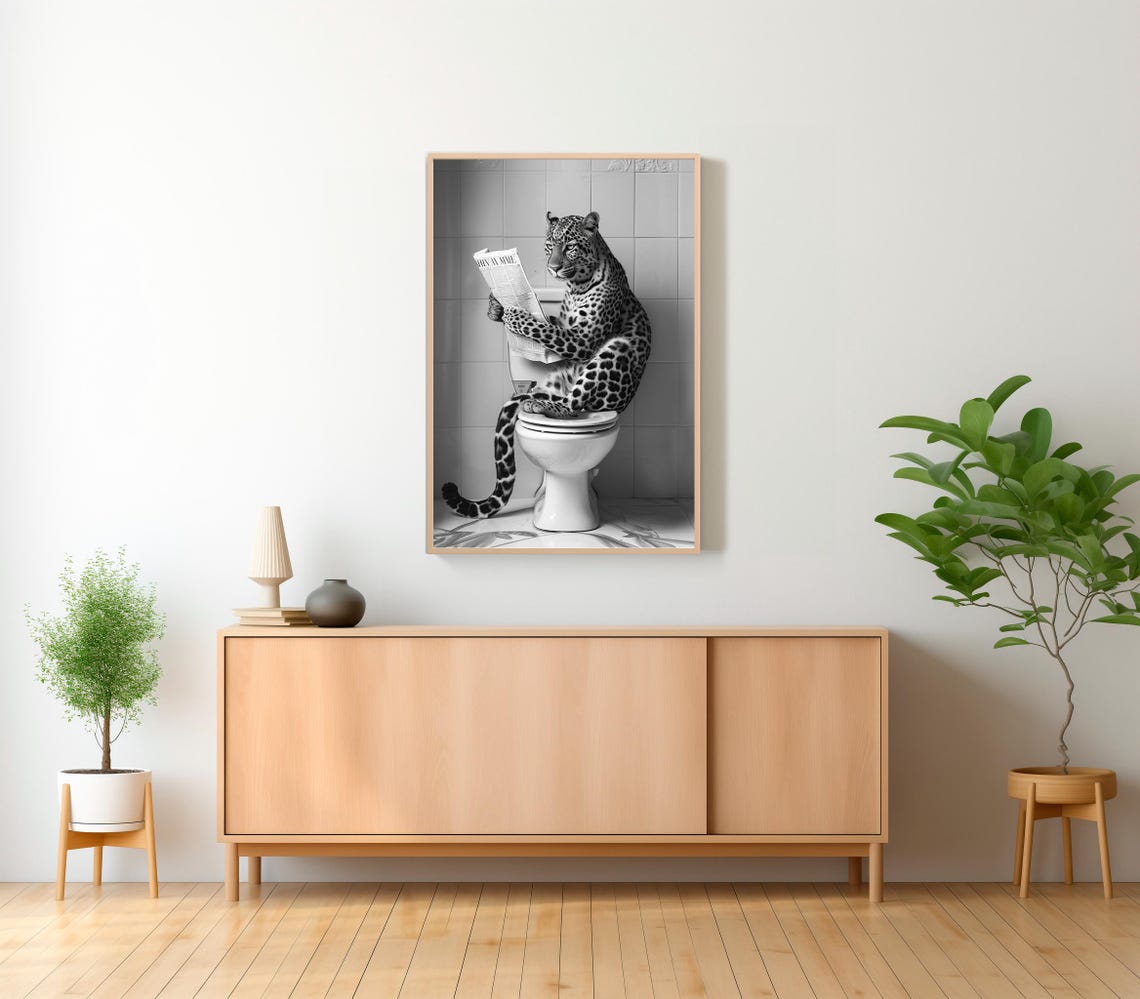 Leopard Sitting on Toilet Reading Newspaper Funny Wildlife Poster - Image 2