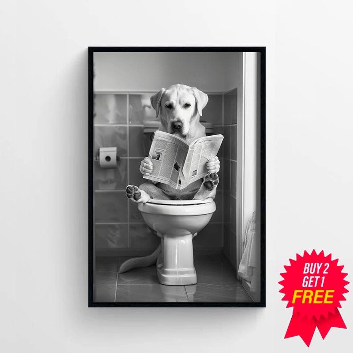 Labrador Retriever Reading on Toilet Black and White Funny Poster - Image 4
