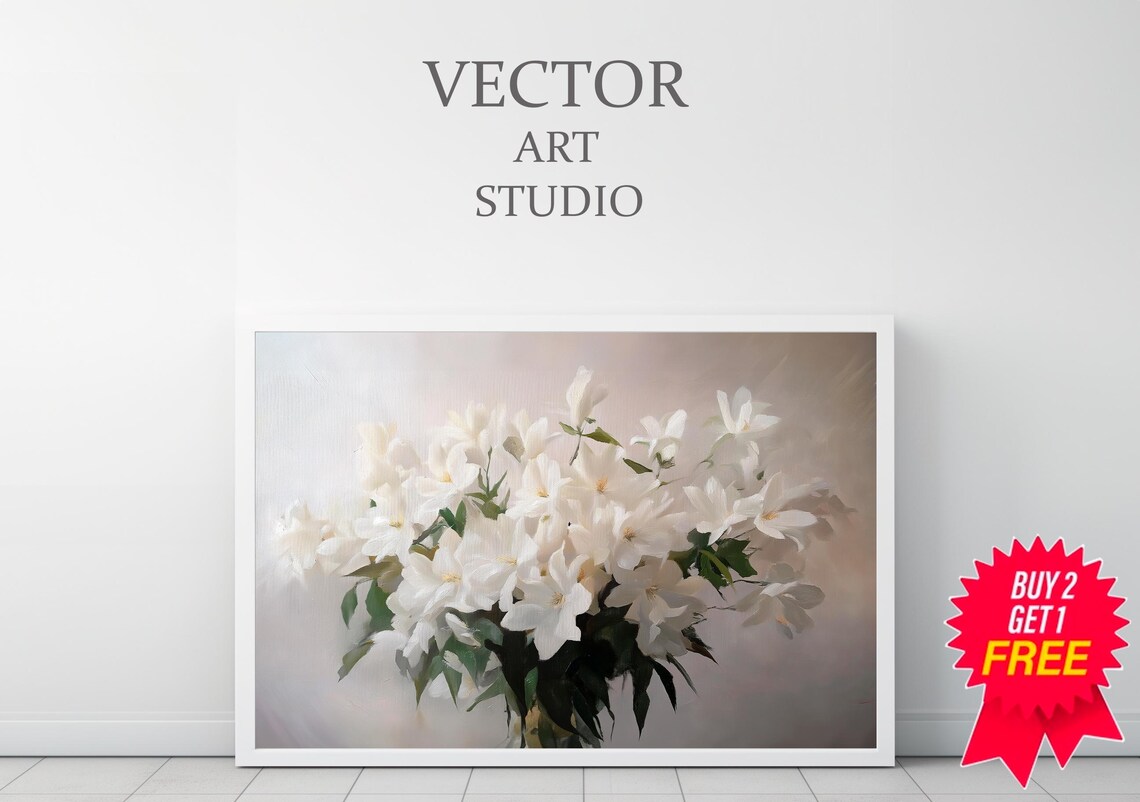 White Blossom Bouquet On Soft Gray Oil Painting Floral Poster - Image 3