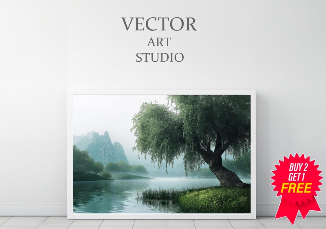 Weeping Willow by a Misty Lake With Jagged Blue Mountain Peaks Poster - Image 3