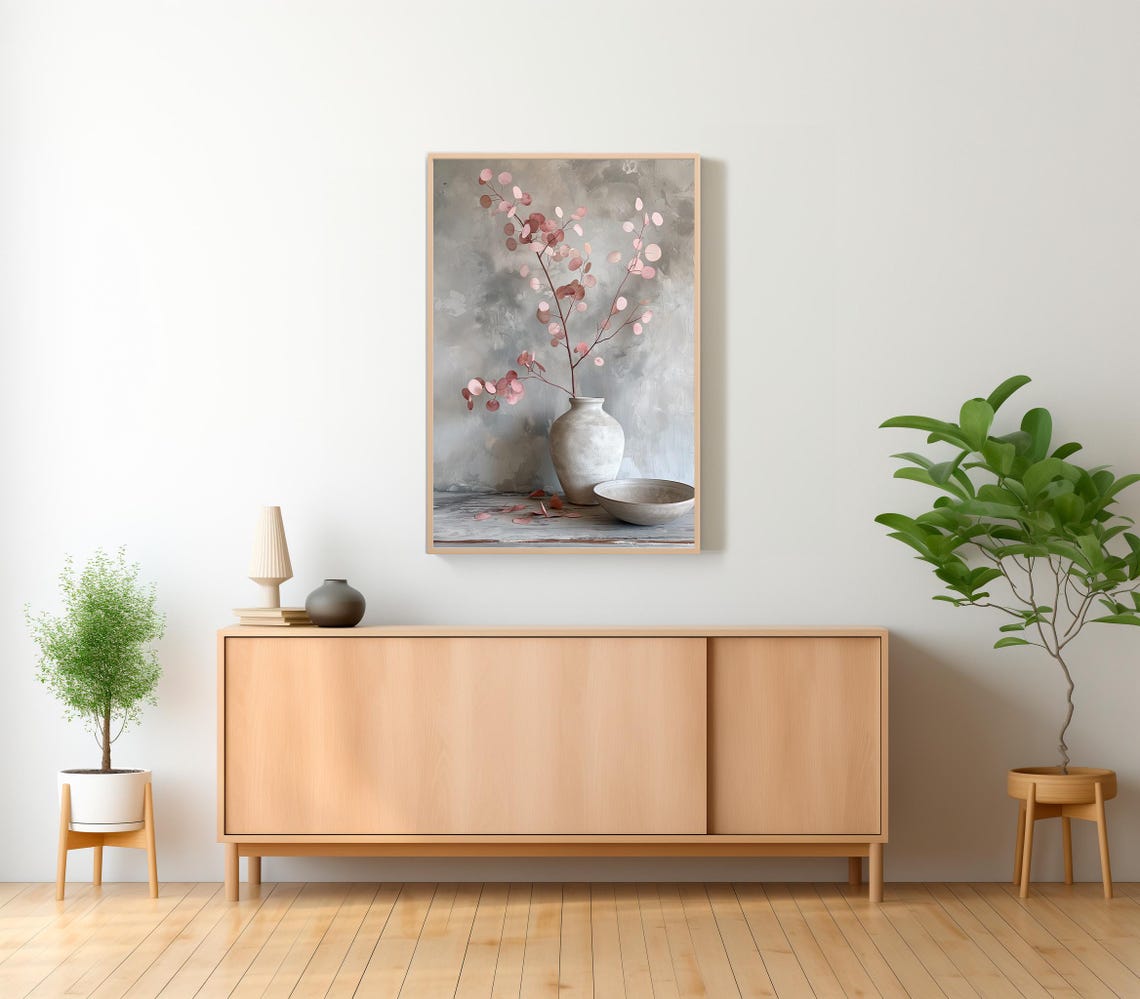 Blush Pink Eucalyptus Branches in Tall White Vase Serene Art Print - Image 2