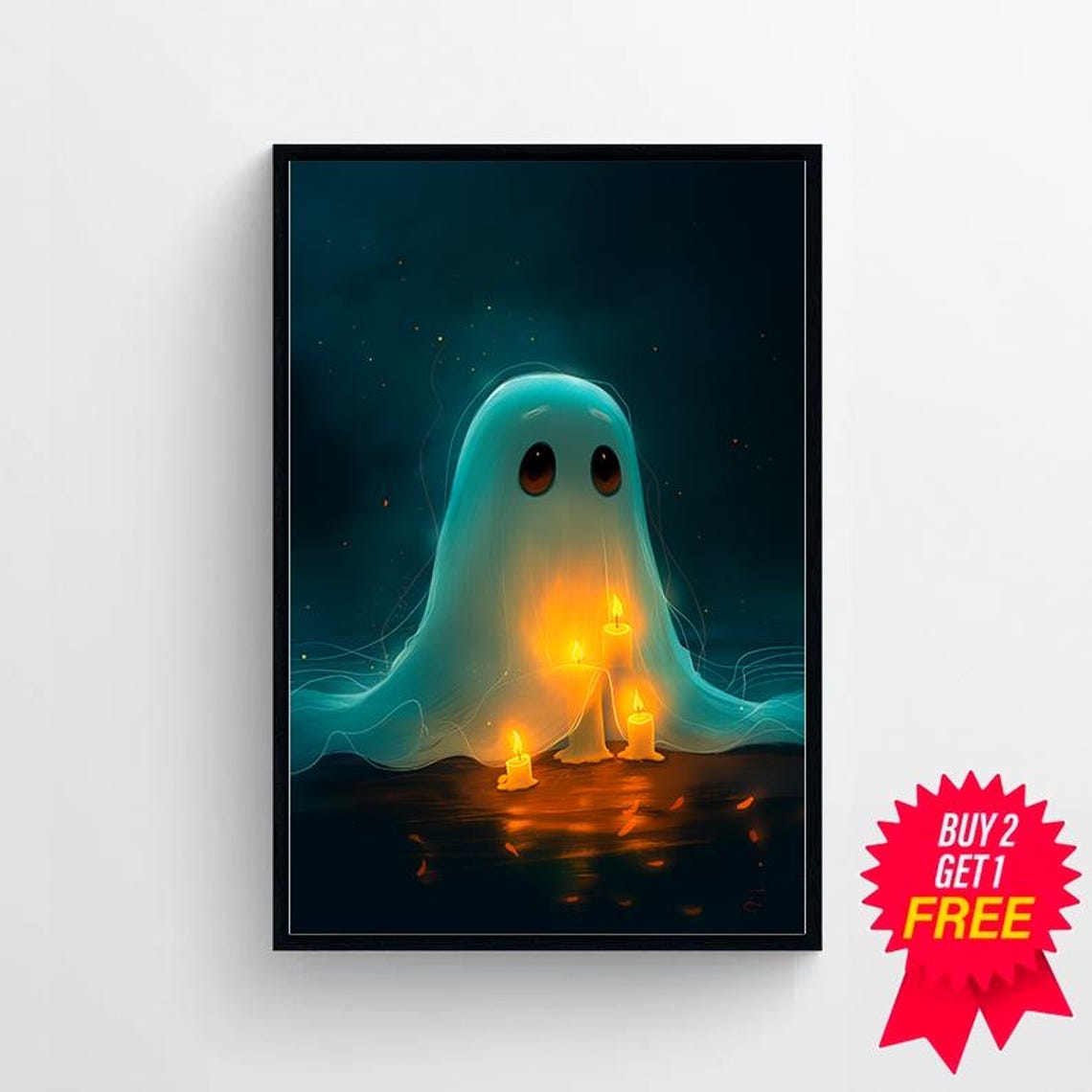 Cute Little Ghost Holding Glowing Candles on a Dark Night Poster - Image 4