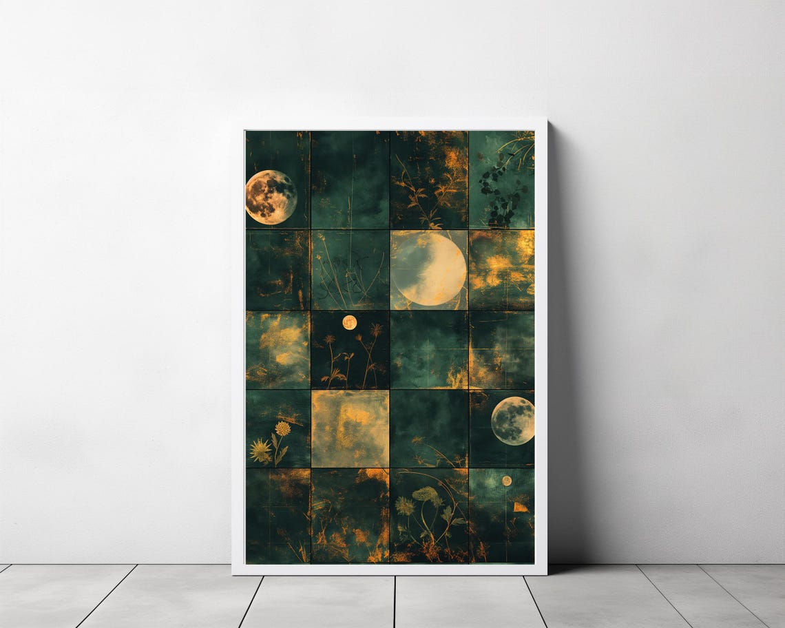 Midnight Moon Phases Grid with Golden Botanical Details Poster - Image 3