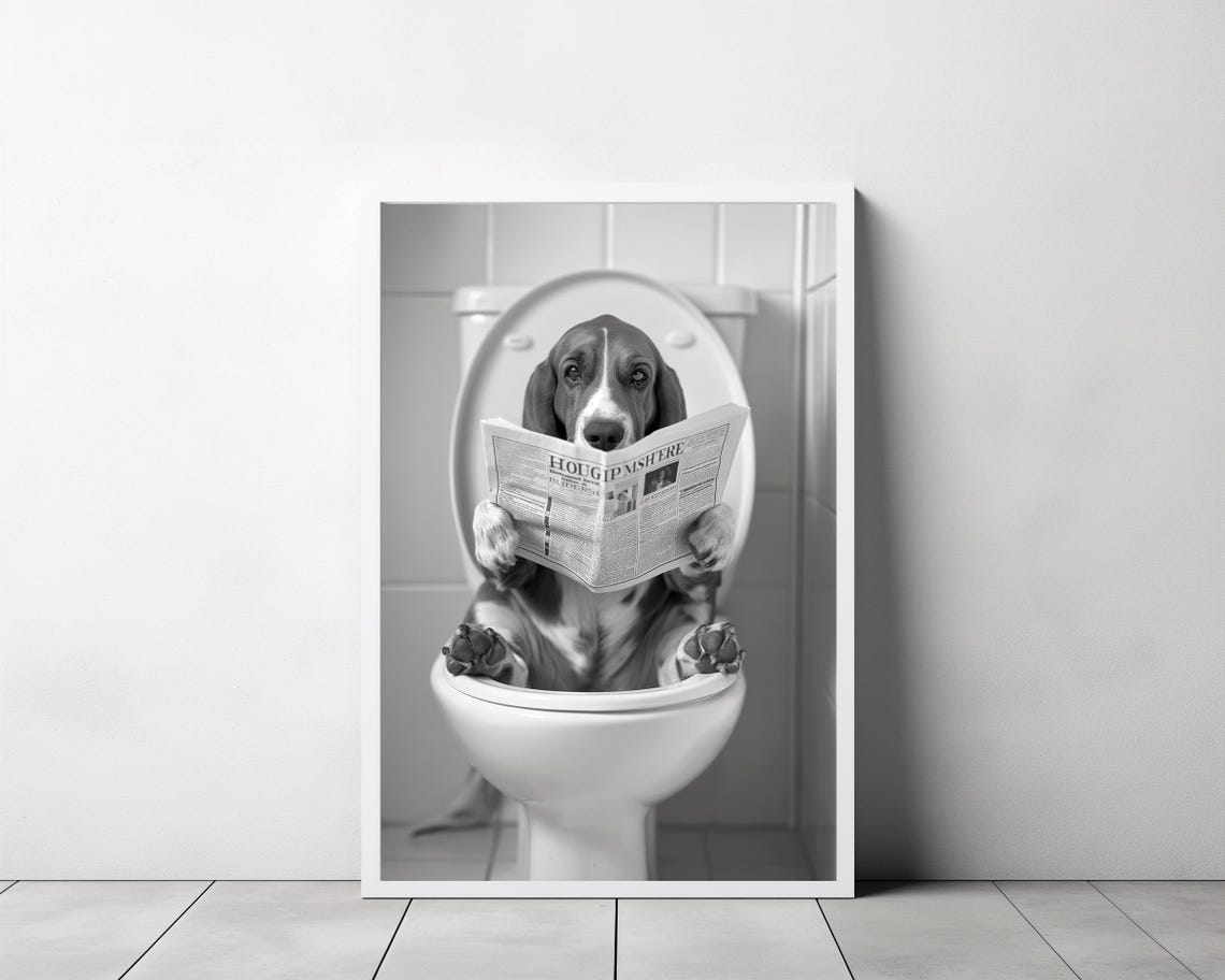 Basset Hound Reading Newspaper on Toilet Funny Bathroom Poster - Image 3