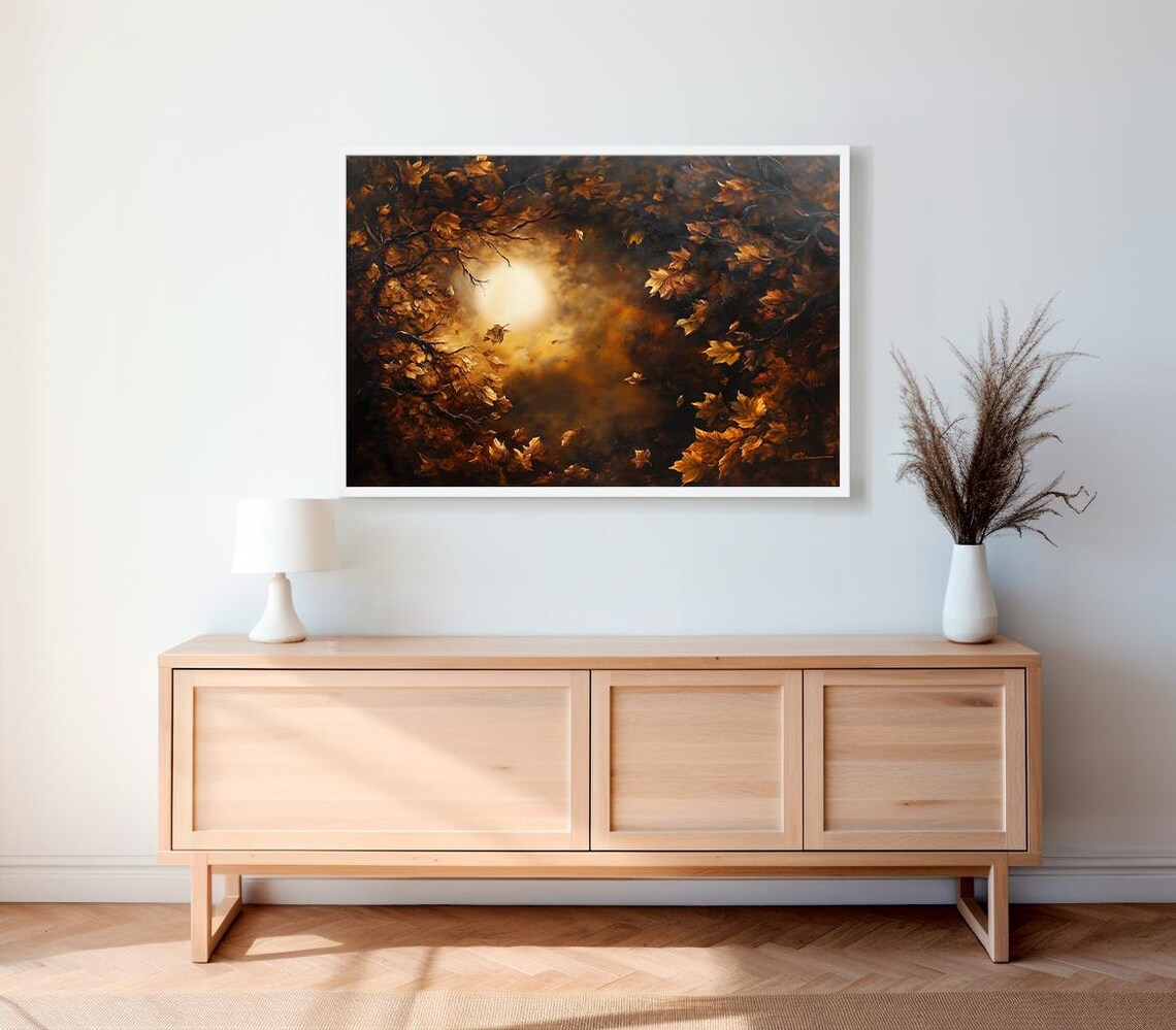 Glowing Moon Through Autumn Leaves Textured Oil Painting Poster - Image 2