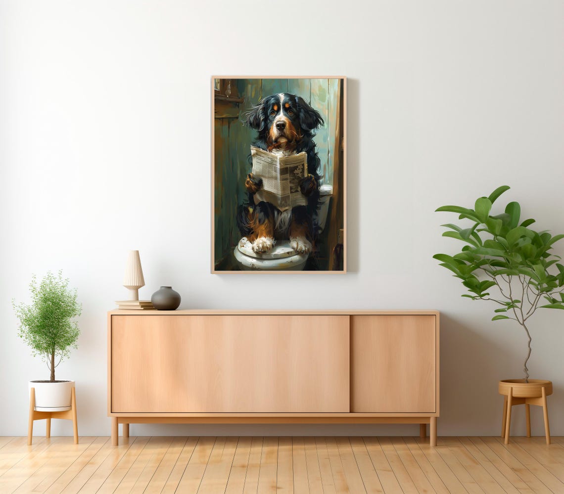 Funny Bernese Mountain Dog Reading Newspaper on Toilet Poster - Image 2