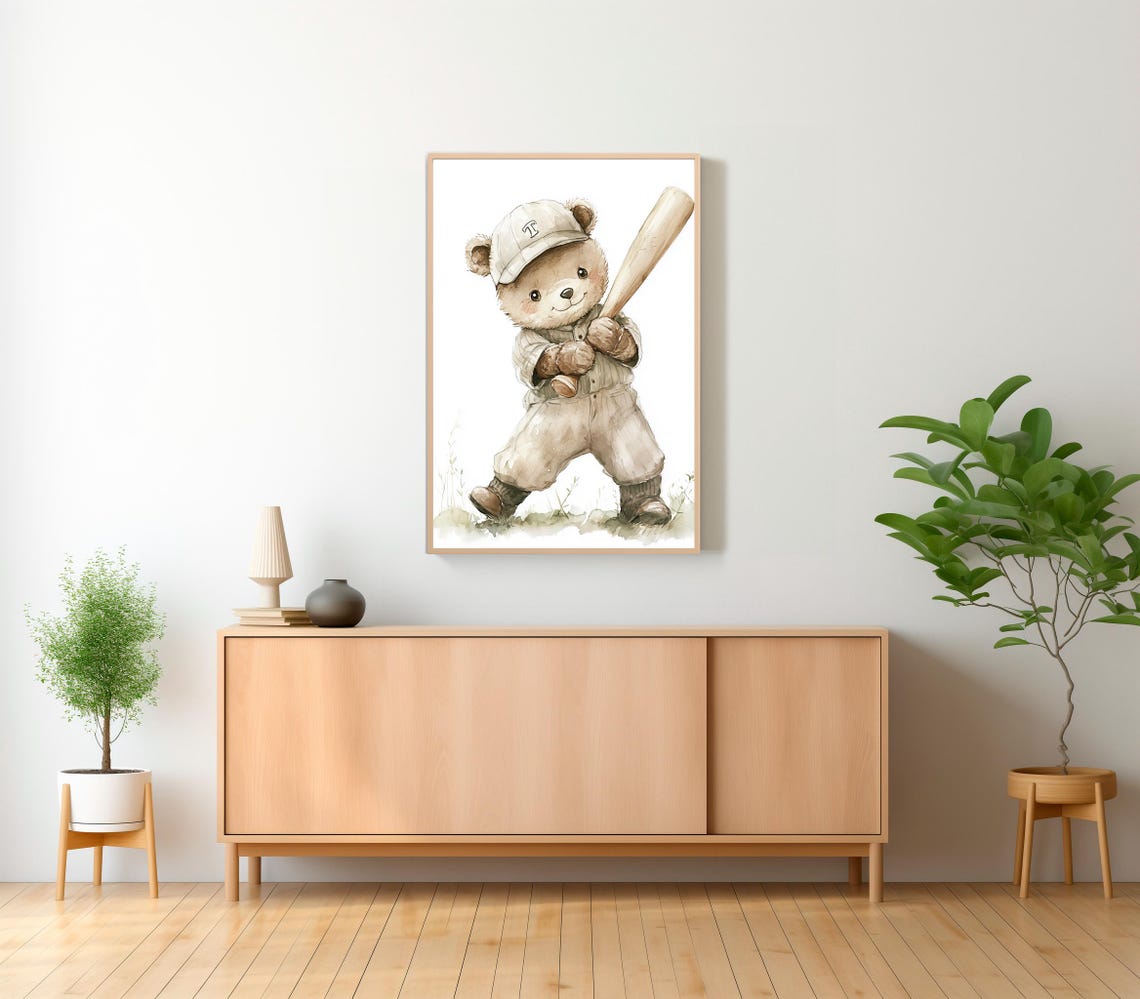 Cute Smiling Bear In A Baseball Uniform With Bat Nursery Wall Art - Image 2