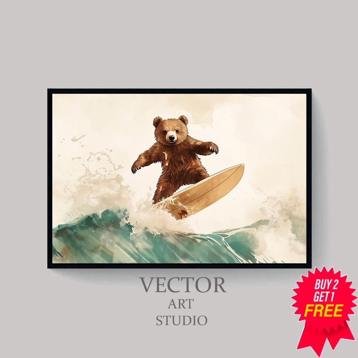 Cute Surfing Bear Riding A Teal Ocean Wave On A Board Nursery Wall Art - Image 4