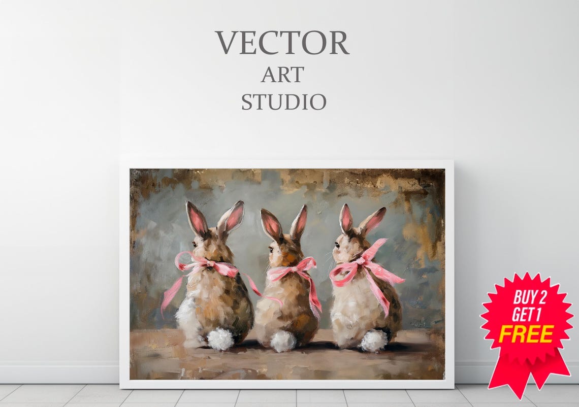Three Bunnies With Pink Bows Cute Easter Bunny Rabbit Art Poster - Image 3
