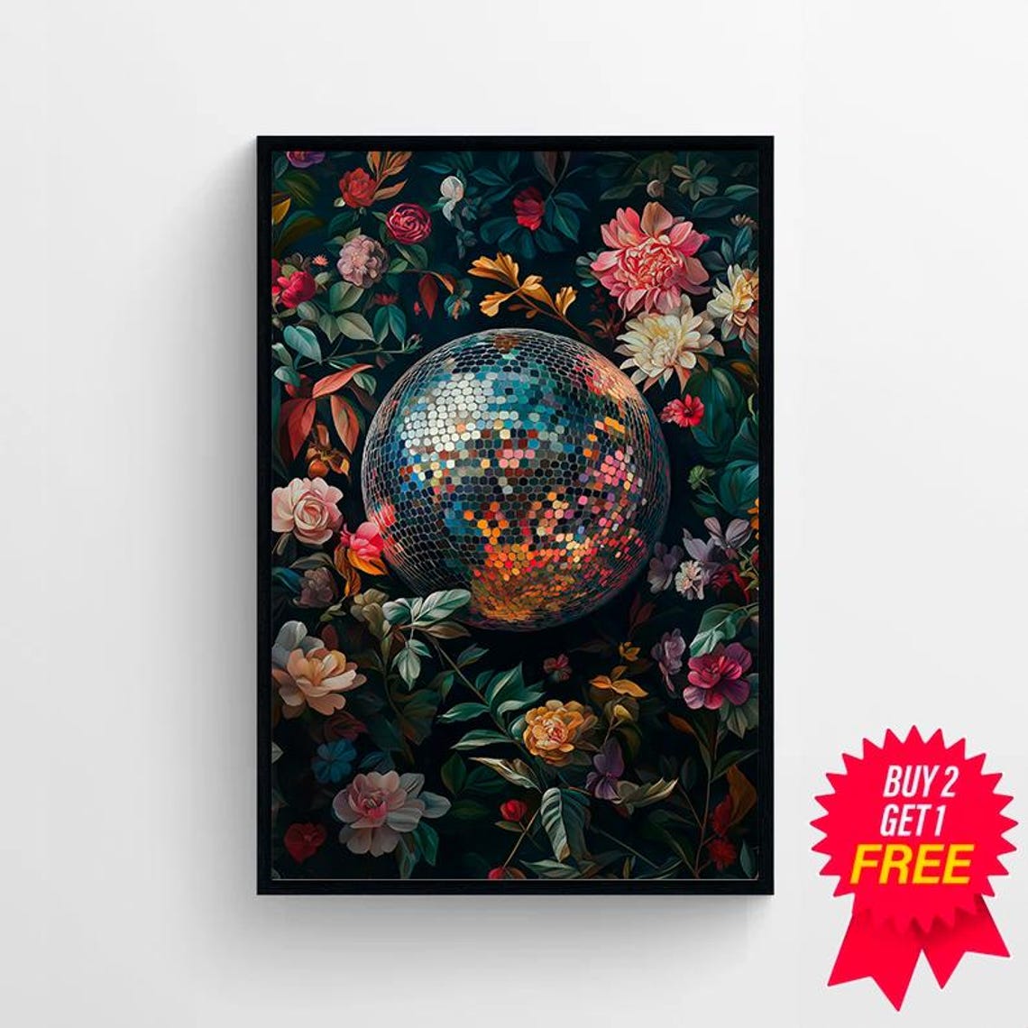 Vivid Wall Art Disco Ball Maximalist Painting Bold Eclectic Botanical Print Green Trendy Kitsch Poster Colorful Dopamine Decor - Image 4
