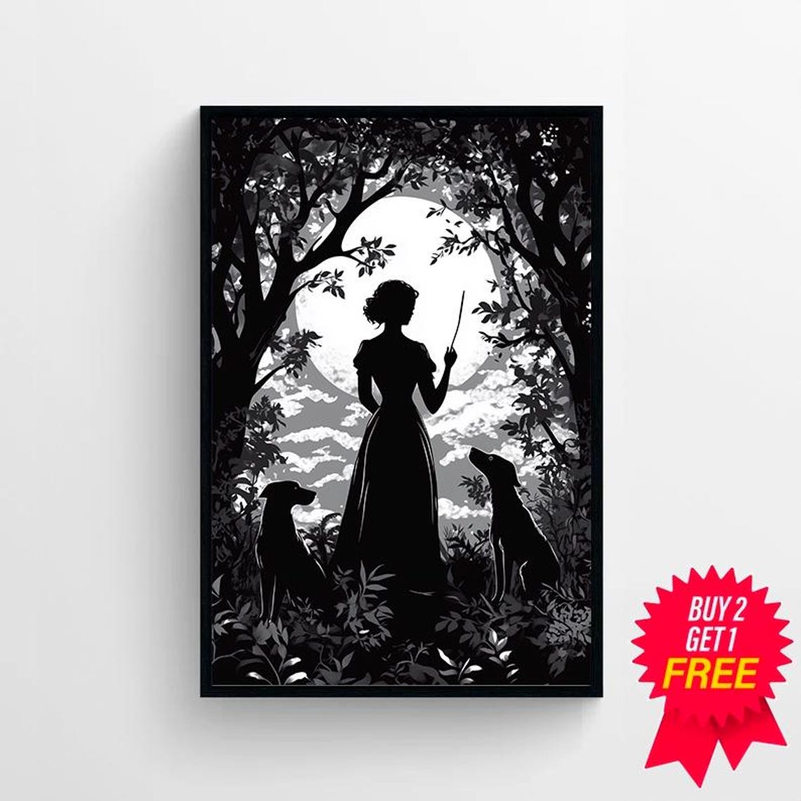 Hecate Goddess Silhouette Holding Staff Full Moon Forest Night Poster - Image 4