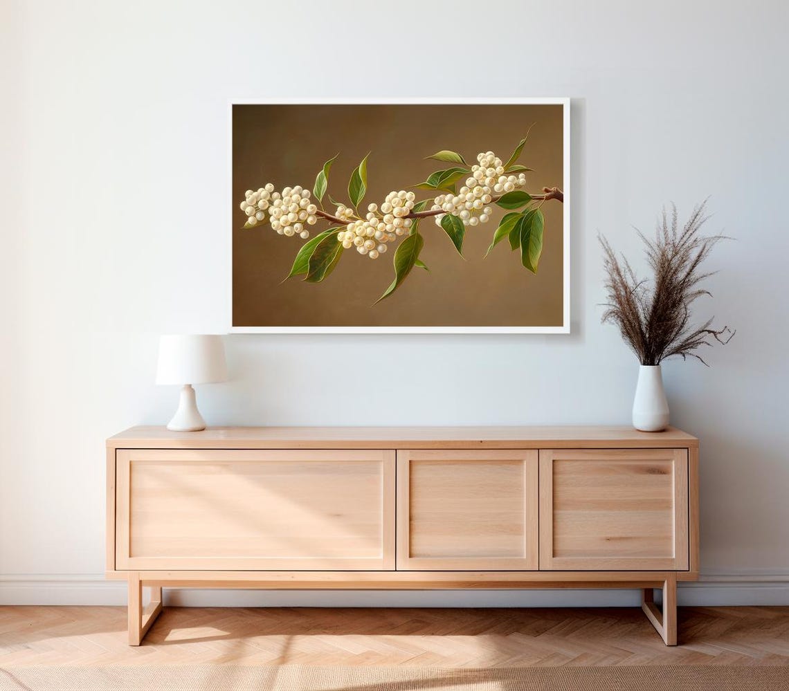 White Winter Berries Branch Vintage Botanical Art on Brown Poster - Image 2