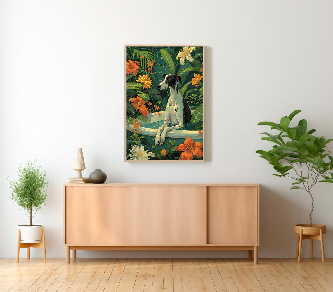 Elegant Greyhound Sitting in Bathtub Jungle Botanical Poster - Image 2