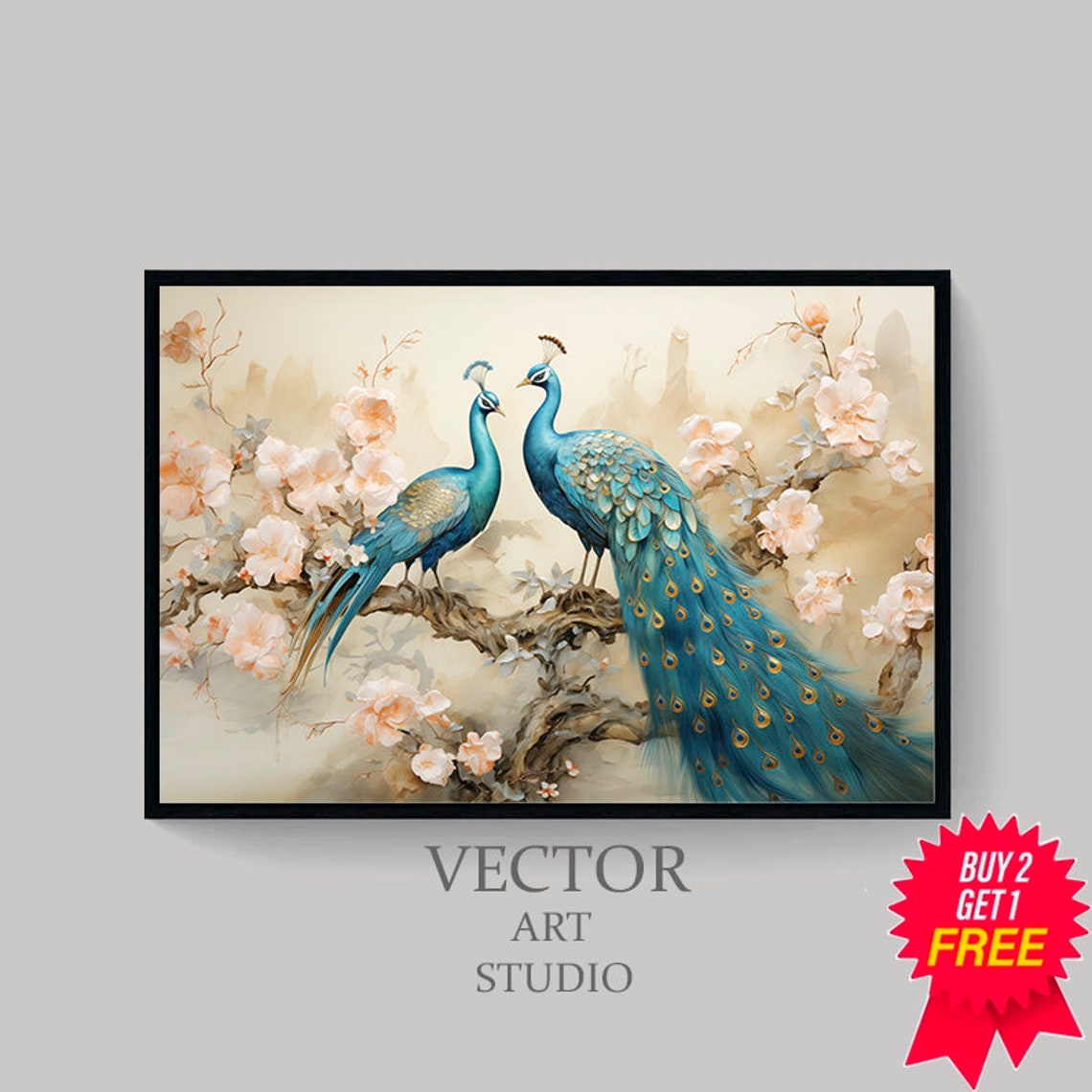 Two Peacocks Flowering Branch Blossom Chinoiserie Style Art Poster - Image 4