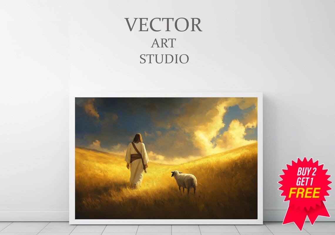 Jesus Walking with a Sheep Through Golden Wheat Field Poster - Image 3
