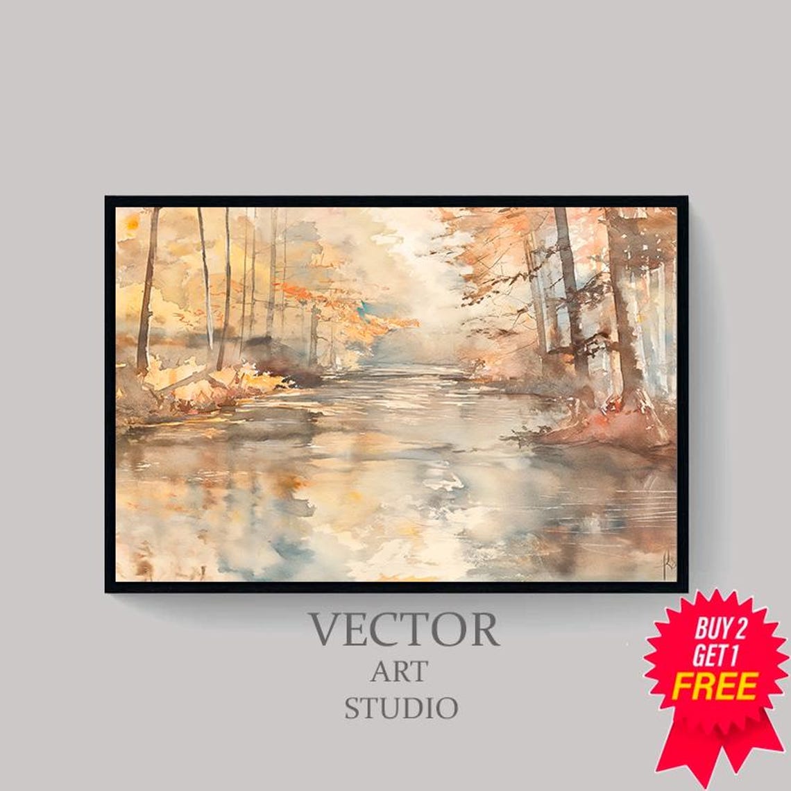 Autumn Forest River Winding Through Golden Trees Watercolor Art Poster - Image 4