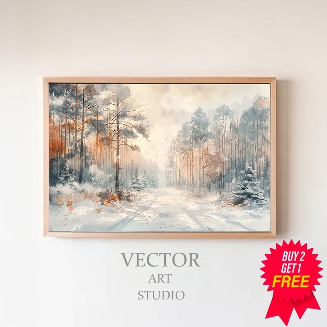Snow Covered Forest Road with Tall Pines in a Winter Watercolor Poster