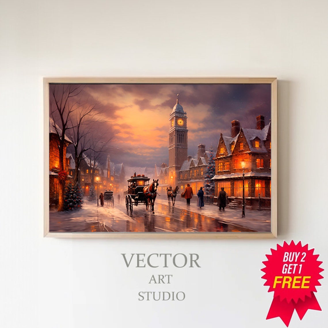Victorian Christmas Town at Dusk With Clock Tower and Carriage Poster