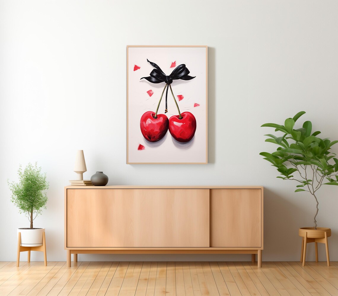 Cherry Wall Art Print Feminine Poster Trendy Wall Art Coquette Pink Bow Soft Girl Bedroom Decor Preppy College Apartment Print - Image 2