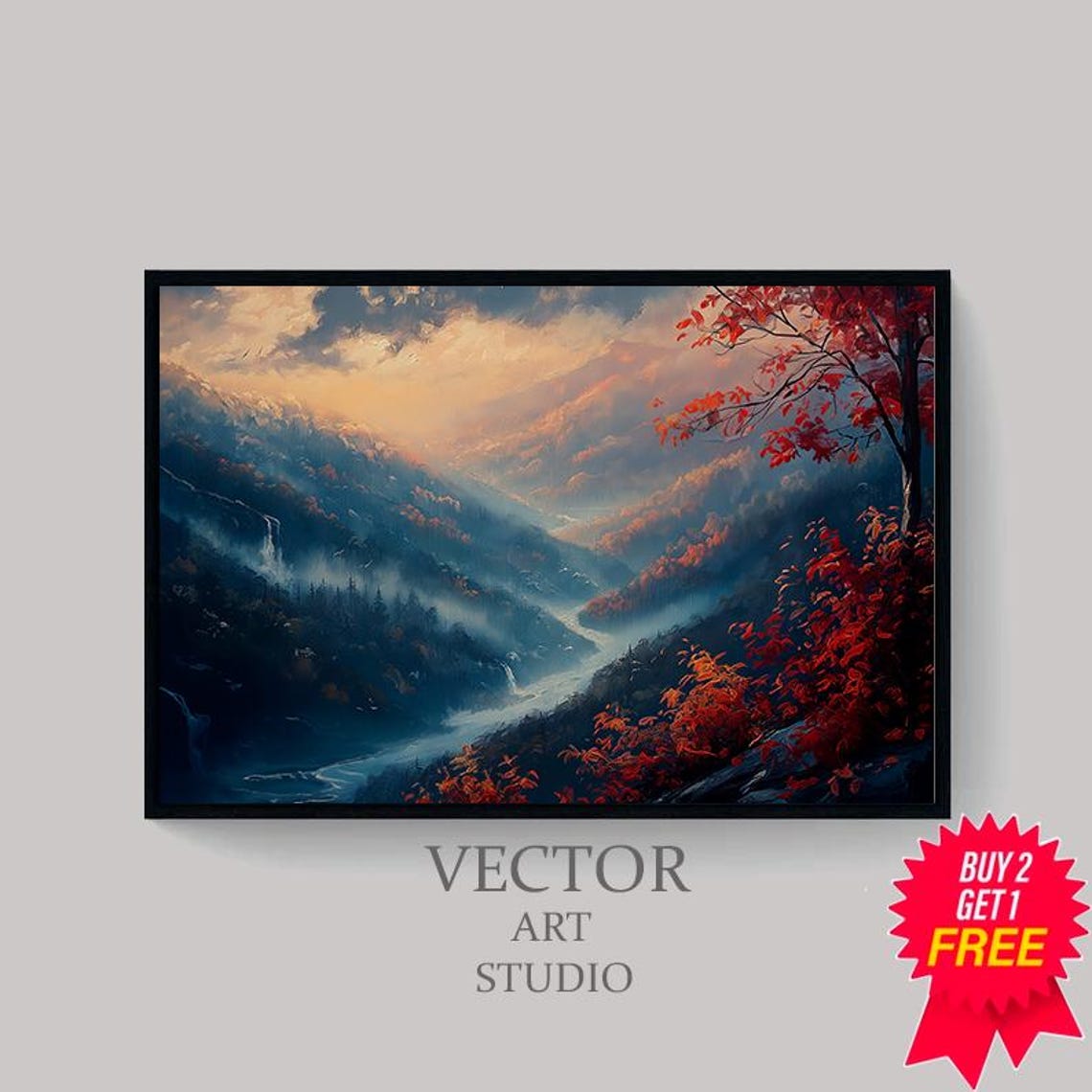 Misty Mountain Valley Red Autumn Foliage Scenic Landscape Poster - Image 4