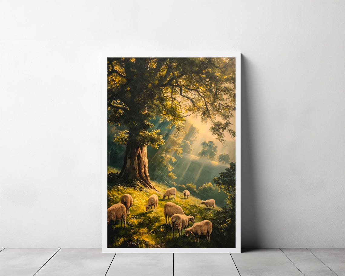 Peaceful Sheep Grazing Beneath a Sunlit Tree Golden Hour Poster - Image 3