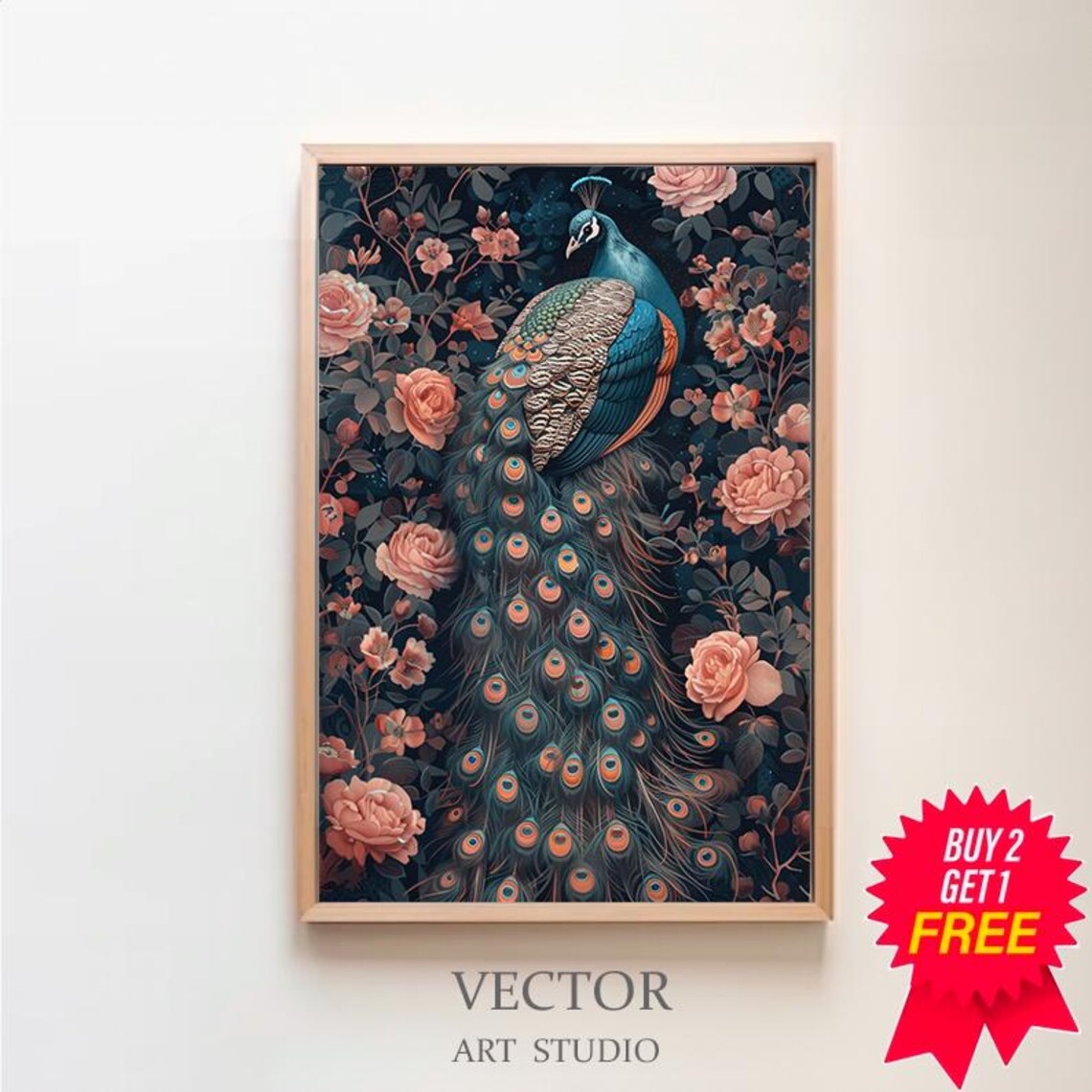 Peacock with Flowing Tail Feathers in a Pink Rose Garden Art Poster