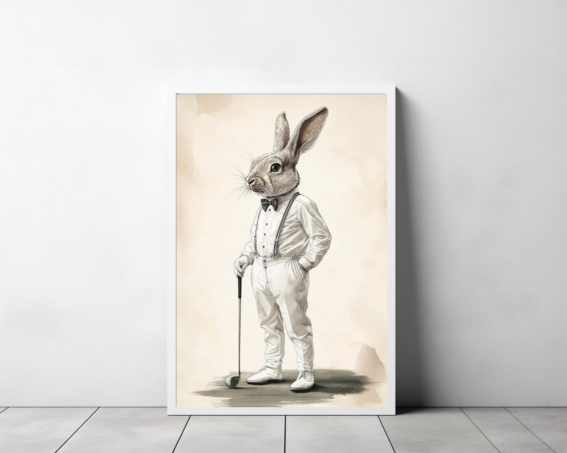 White Rabbit Golfer White Suit Bow Tie Vintage Nursery Poster - Image 3