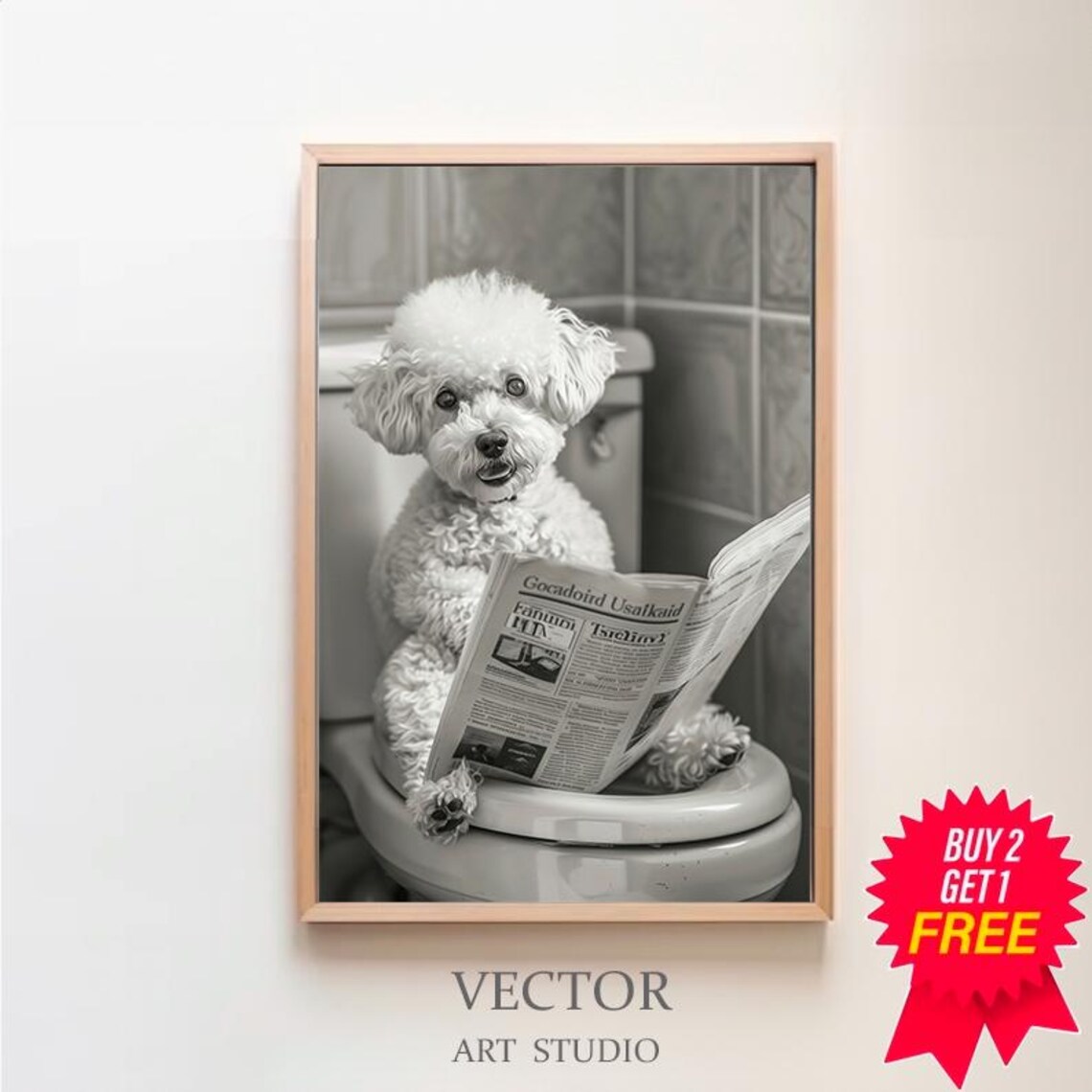 Smiling Bichon Frise with Newspaper on Toilet Vintage Funny Art Print