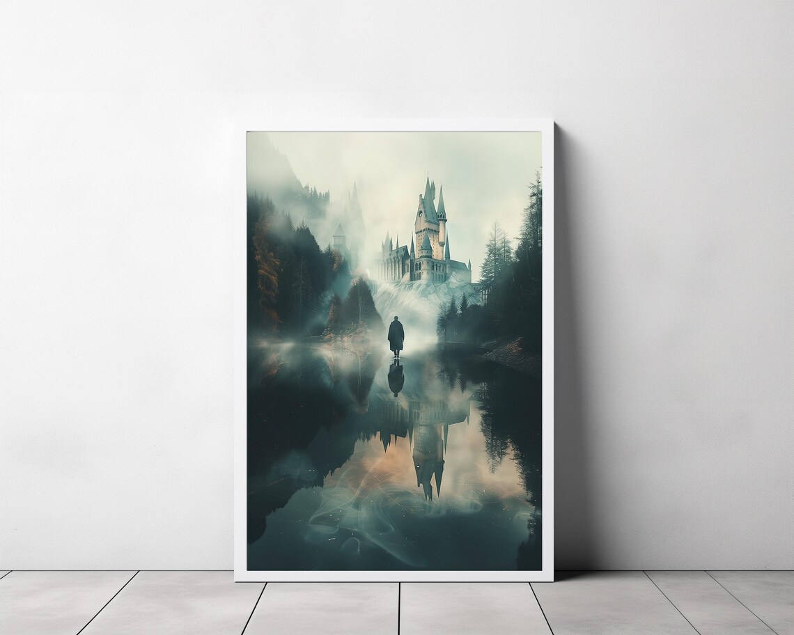 Misty Wizard Castle with Lone Boater on Dark Lake Fantasy Print - Image 3